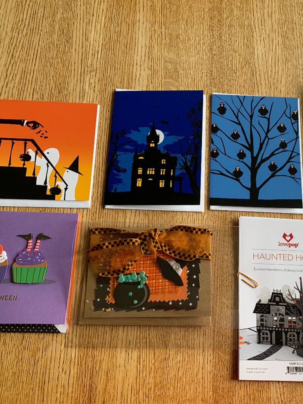 A Collection of 6 Unused Halloween Cards, Black Cat Napkins, and a Pop-up